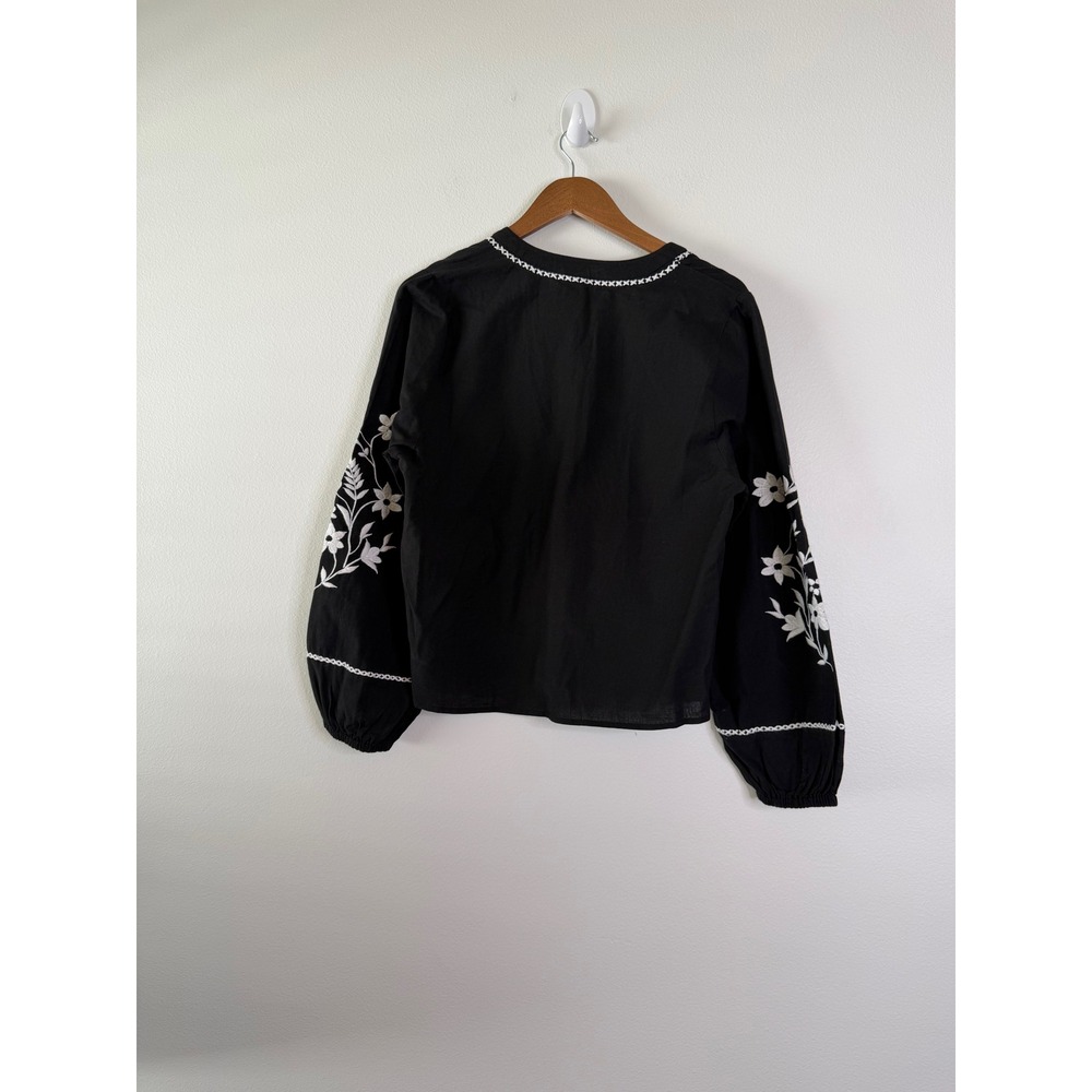 Joie Medium Black White Embroidered Boho Blouse Cotton Flax Floral Peasant Top - Picture 3 of 10